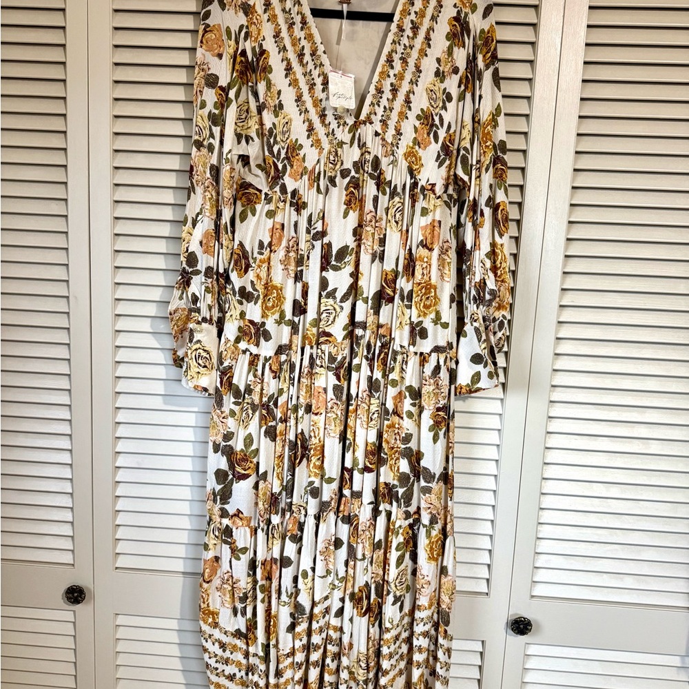 Free People Floral Long Sleeve Dress - Cream and Brown
